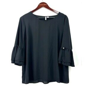 Elle Women Flared Tulip Pearl Sleeves Sz L Sheer Lightweight Flowy Blouse 1175T3